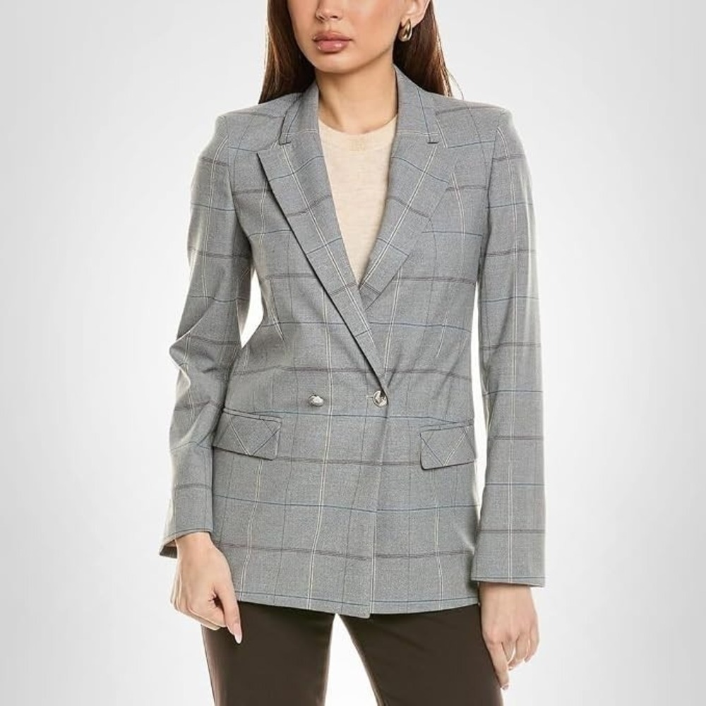 Hugo Boss Women's Jachecky Plaid Double Breasted Blazer Size 4 Gray Check